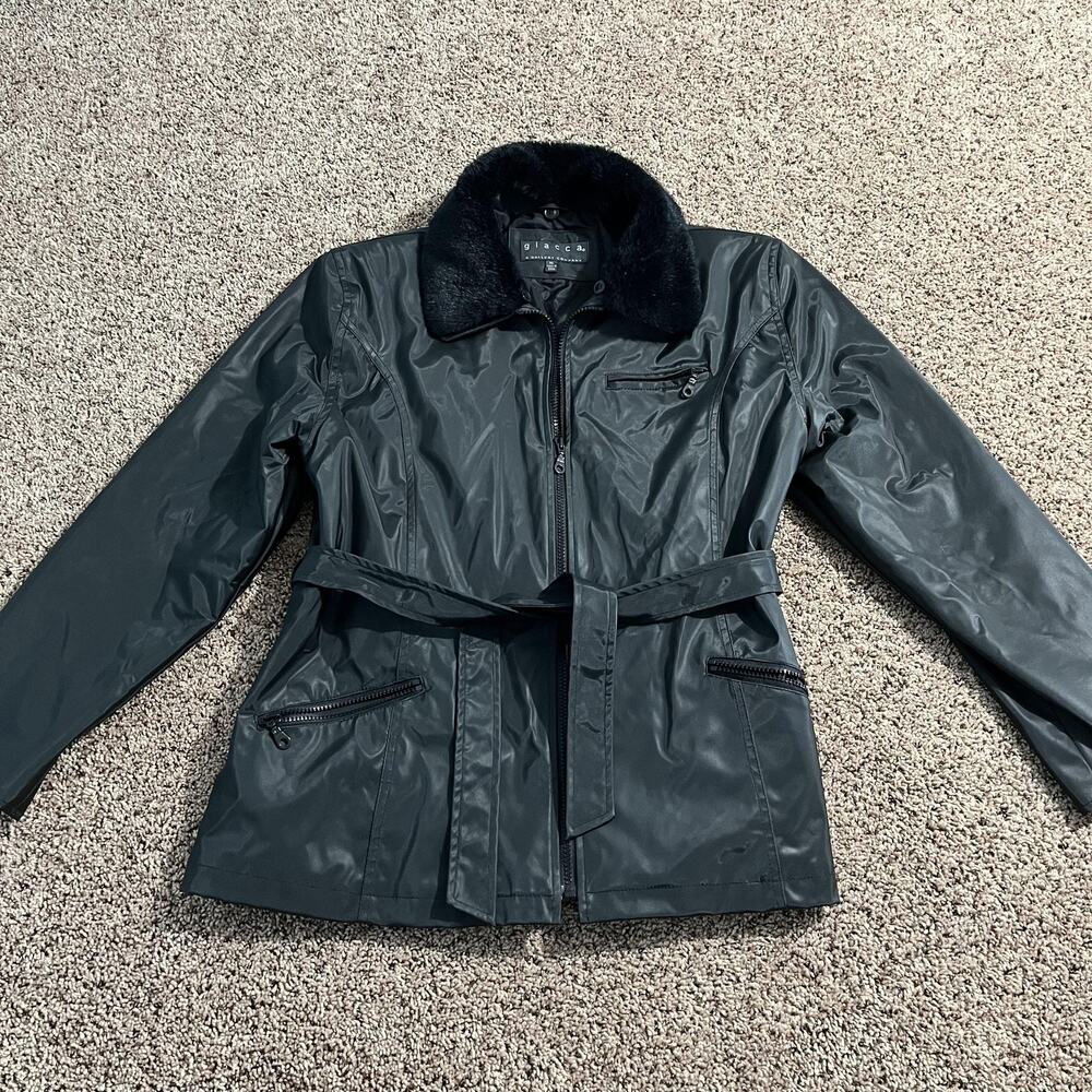 Giacca A Gallery Company Jacket Womens XL Belted Faux Fur Collar Zip Pockets Y2K